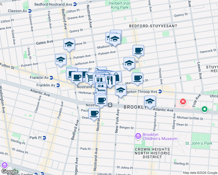 map of restaurants, bars, coffee shops, grocery stores, and more near 1310 Fulton Street in Brooklyn