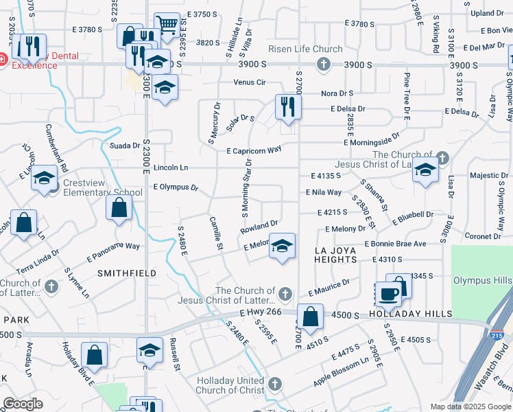 map of restaurants, bars, coffee shops, grocery stores, and more near 2590 East Olympus Drive in Salt Lake City