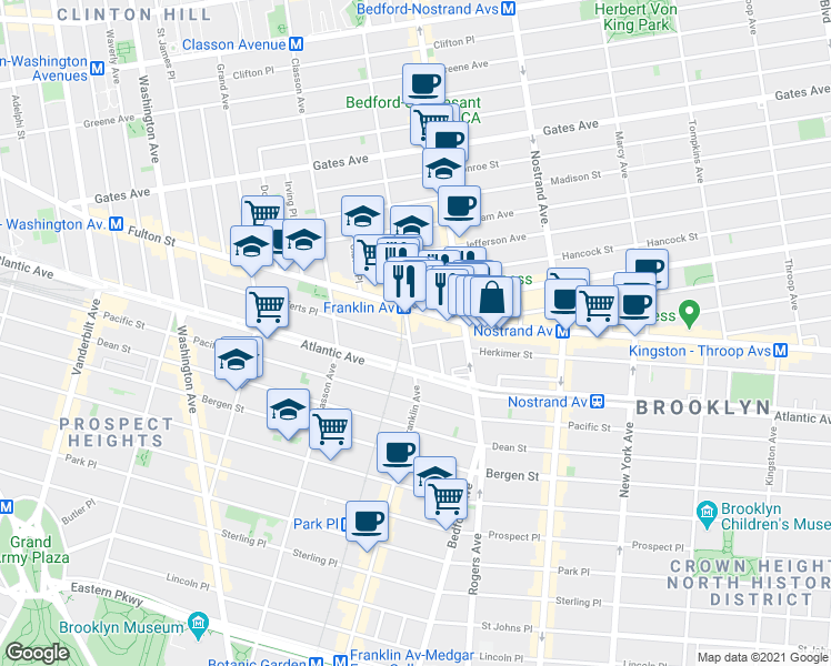 map of restaurants, bars, coffee shops, grocery stores, and more near 537 Franklin Avenue in Brooklyn