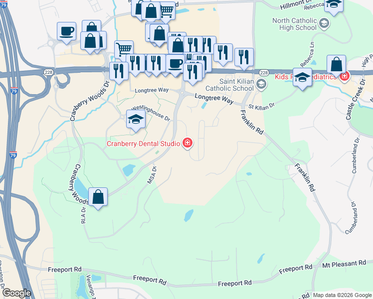 map of restaurants, bars, coffee shops, grocery stores, and more near 10011 Pendleton Way in Cranberry Township