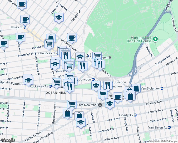 map of restaurants, bars, coffee shops, grocery stores, and more near 2018 Eastern Parkway in Brooklyn