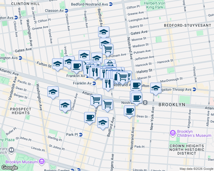 map of restaurants, bars, coffee shops, grocery stores, and more near 22 Brevoort Place in Brooklyn
