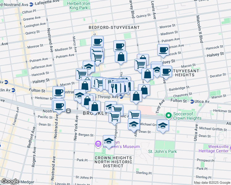 map of restaurants, bars, coffee shops, grocery stores, and more near 1496 Fulton Street in Brooklyn