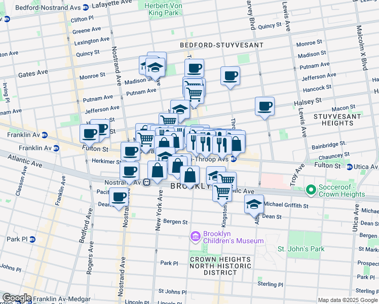 map of restaurants, bars, coffee shops, grocery stores, and more near 1422 Fulton Street in Brooklyn