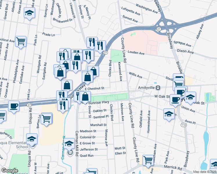 map of restaurants, bars, coffee shops, grocery stores, and more near 54 East Chestnut Street in Massapequa