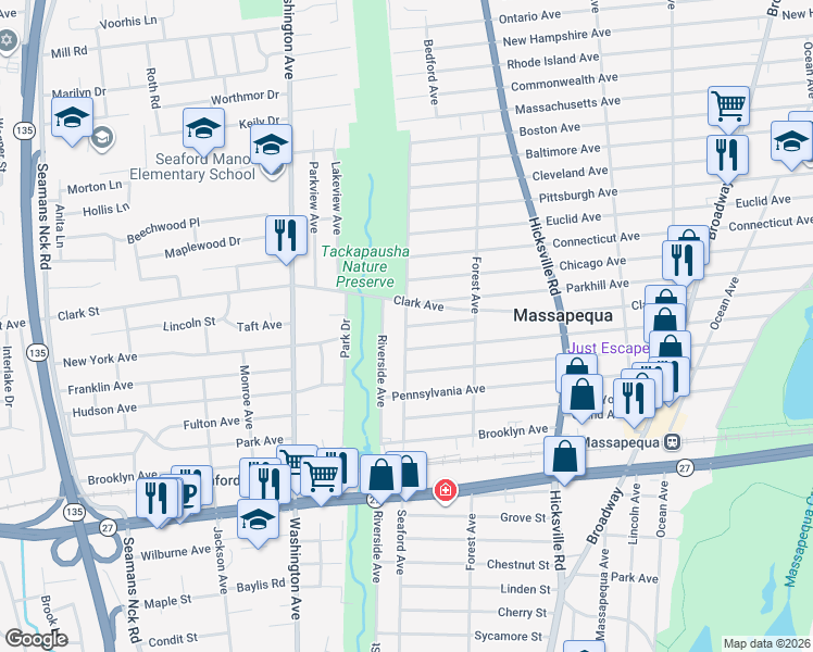 map of restaurants, bars, coffee shops, grocery stores, and more near 1 Detroit Avenue in Massapequa