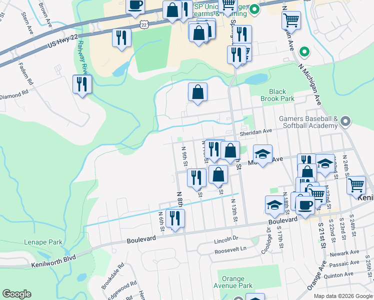 map of restaurants, bars, coffee shops, grocery stores, and more near 228 North 10th Street in Kenilworth