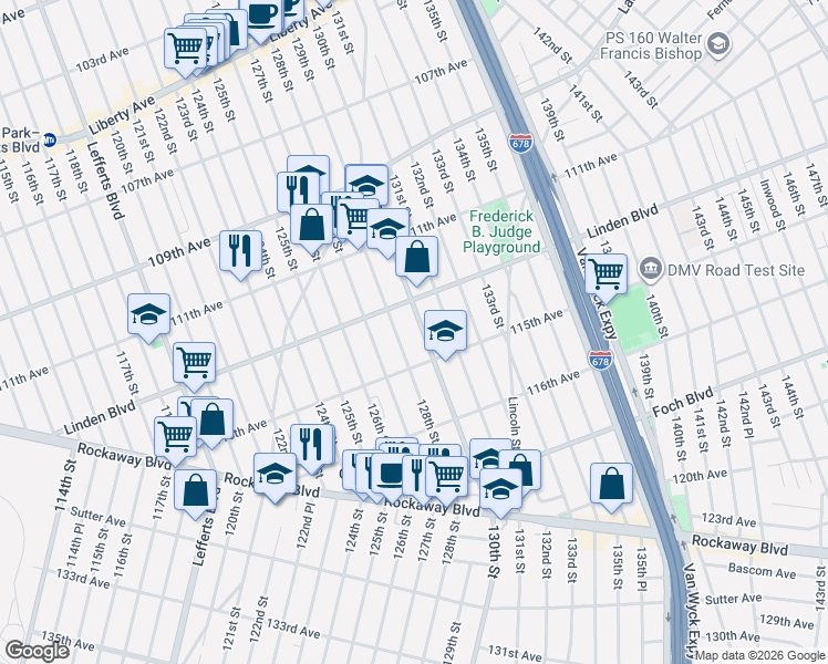 map of restaurants, bars, coffee shops, grocery stores, and more near 11428 130th Street in Queens