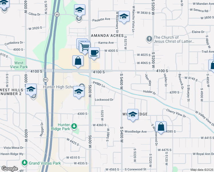 map of restaurants, bars, coffee shops, grocery stores, and more near 5496 Peggy Lane in West Valley City