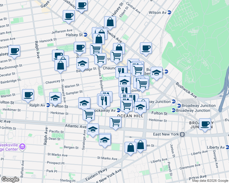 map of restaurants, bars, coffee shops, grocery stores, and more near 202 Macdougal Street in Brooklyn