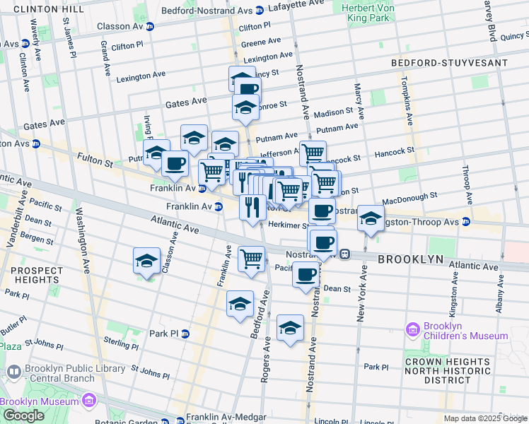 map of restaurants, bars, coffee shops, grocery stores, and more near 5 Herkimer Street in Brooklyn