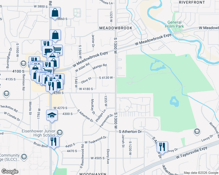 map of restaurants, bars, coffee shops, grocery stores, and more near 1343 Persimmon Place in Taylorsville