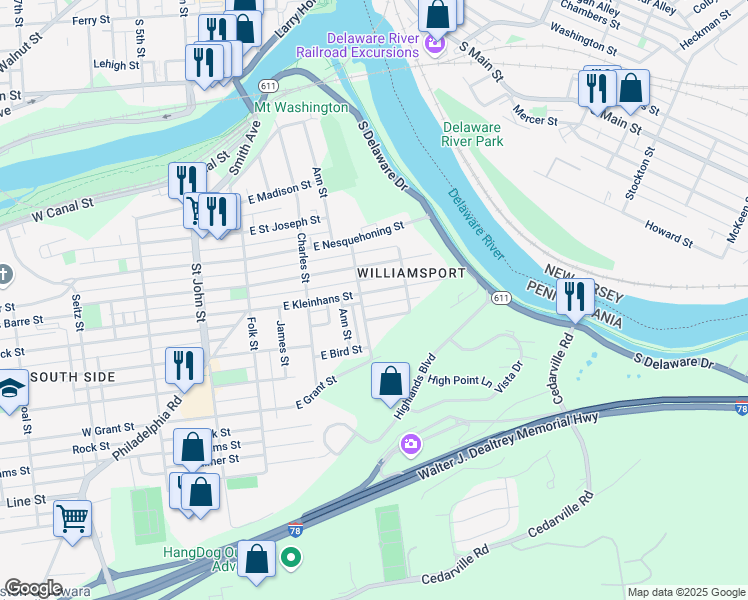 map of restaurants, bars, coffee shops, grocery stores, and more near 313 East Kleinhans Street in Easton