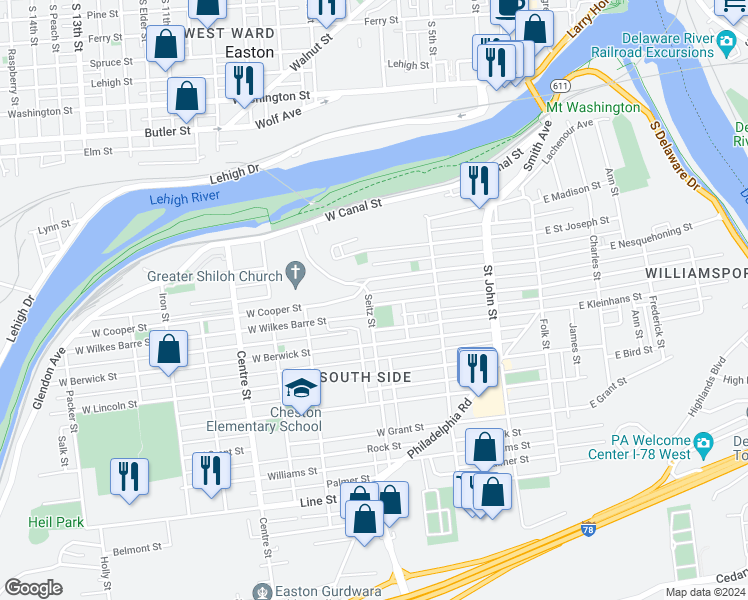 map of restaurants, bars, coffee shops, grocery stores, and more near 330 Seitz Street in Easton
