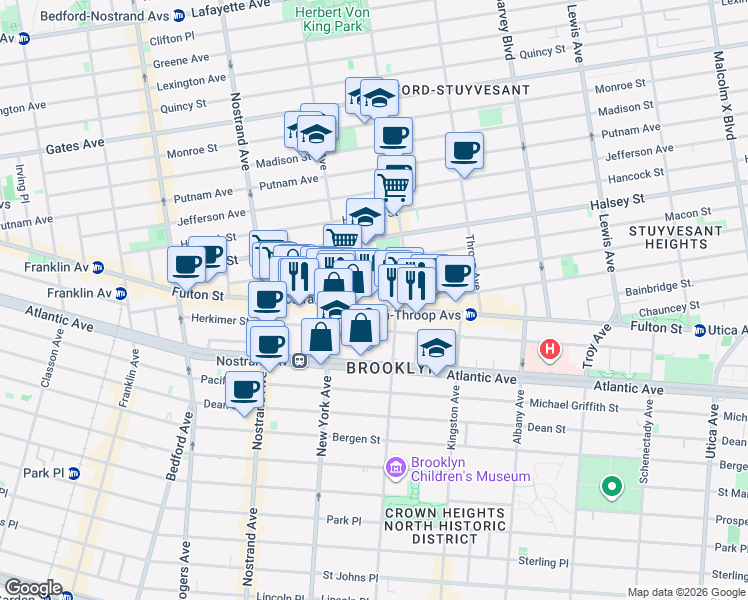 map of restaurants, bars, coffee shops, grocery stores, and more near 1407 Fulton Street in Brooklyn