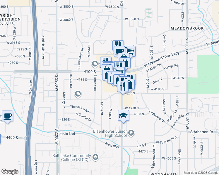 map of restaurants, bars, coffee shops, grocery stores, and more near 4195 1785 West in Salt Lake City