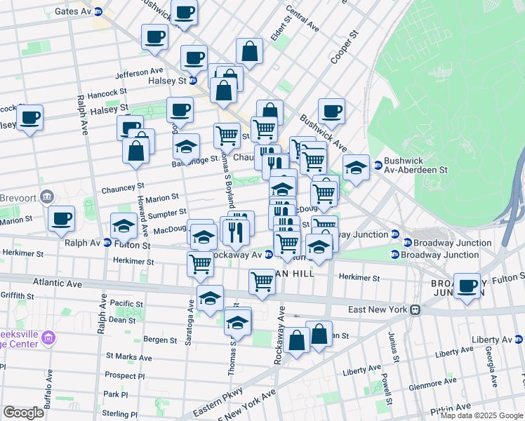 map of restaurants, bars, coffee shops, grocery stores, and more near 202A Macdougal Street in Brooklyn