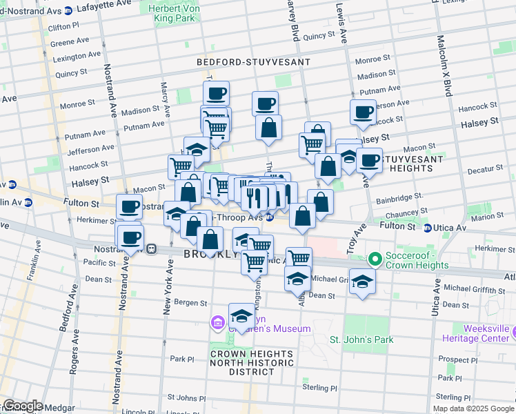 map of restaurants, bars, coffee shops, grocery stores, and more near 1496 Fulton Street in Brooklyn