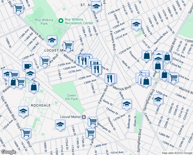 map of restaurants, bars, coffee shops, grocery stores, and more near 178-11 130th Avenue in Queens