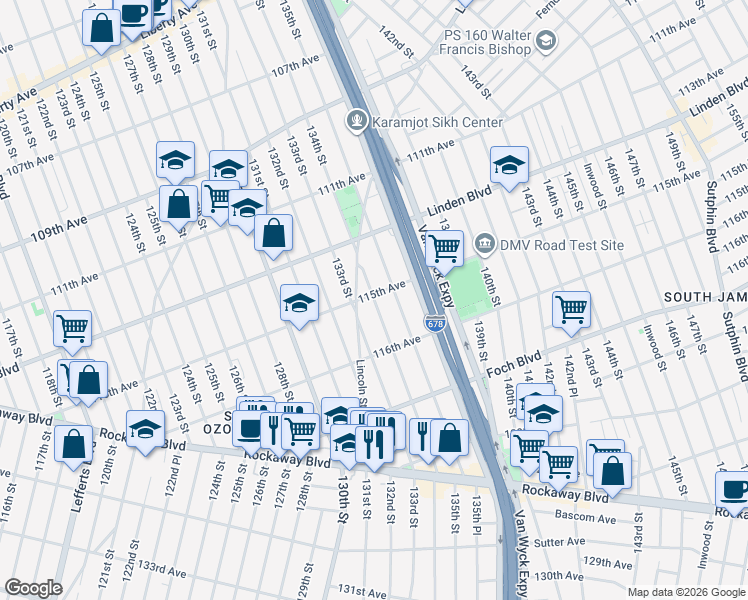 map of restaurants, bars, coffee shops, grocery stores, and more near 133-02 115th Avenue in Queens