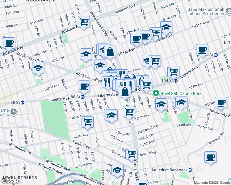 map of restaurants, bars, coffee shops, grocery stores, and more near 9208 Liberty Avenue in Queens