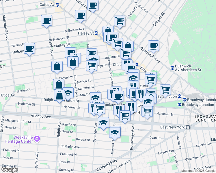 map of restaurants, bars, coffee shops, grocery stores, and more near 181 Macdougal Street in Brooklyn