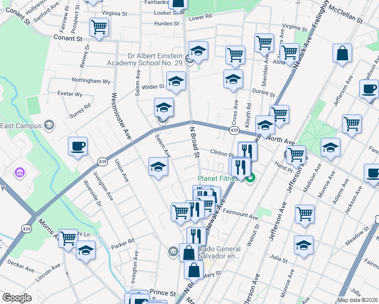 map of restaurants, bars, coffee shops, grocery stores, and more near 712 North Broad Street in Elizabeth