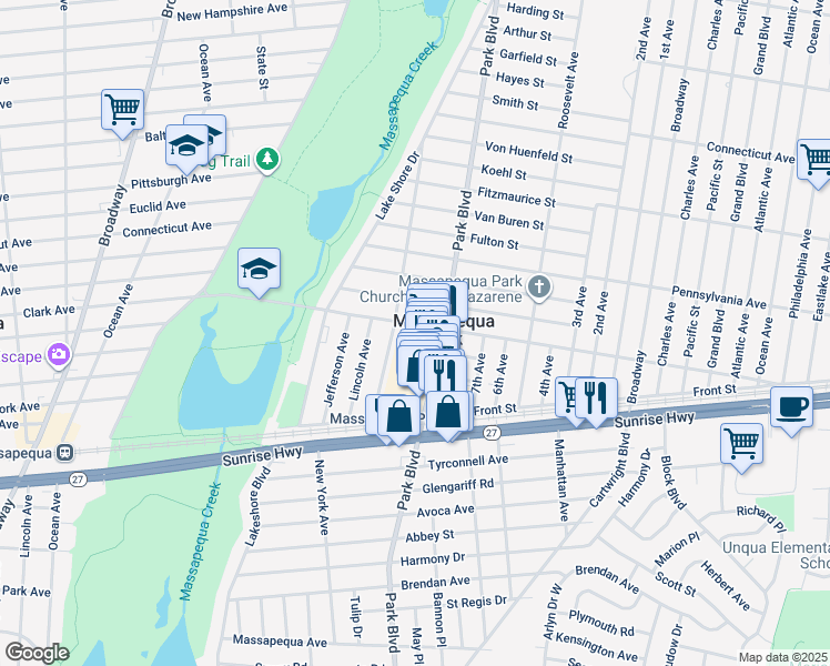 map of restaurants, bars, coffee shops, grocery stores, and more near 66 Clark Boulevard in Massapequa Park