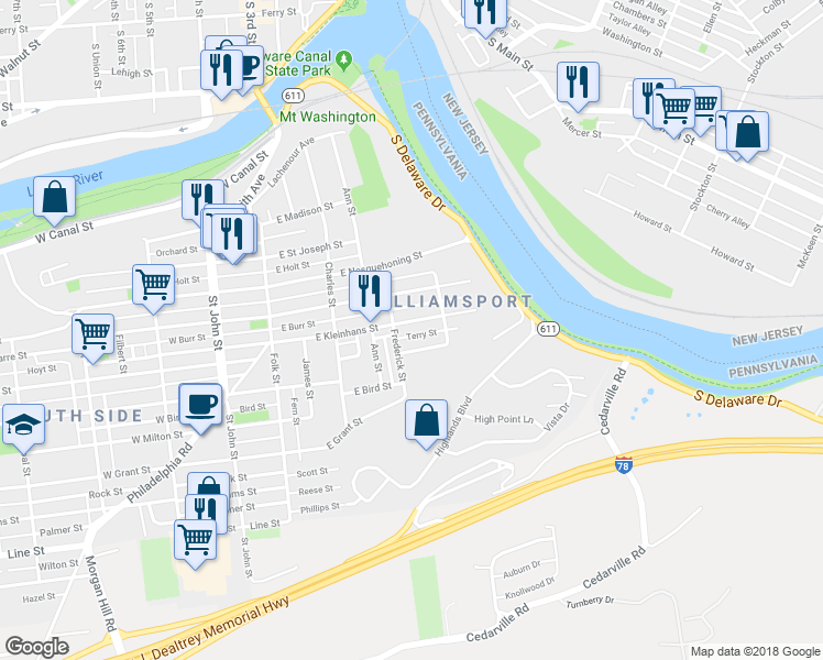 map of restaurants, bars, coffee shops, grocery stores, and more near 313 East Kleinhans Street in Easton