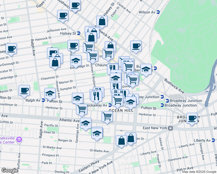 map of restaurants, bars, coffee shops, grocery stores, and more near 202 Macdougal Street in Brooklyn