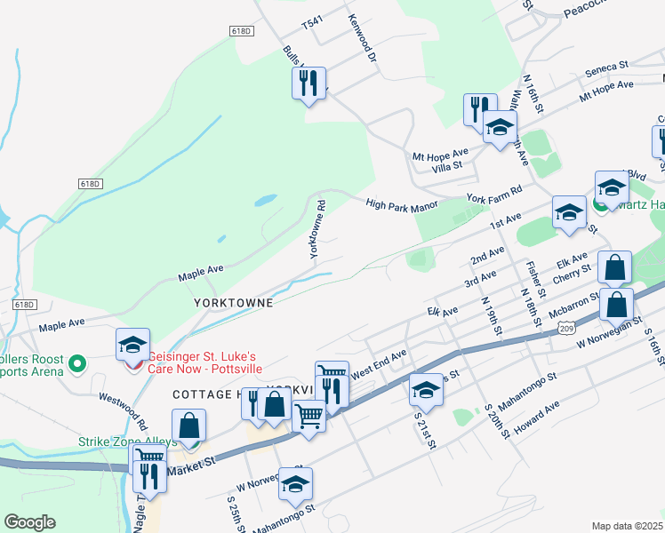 map of restaurants, bars, coffee shops, grocery stores, and more near 2061 Woodglen Road in Pottsville