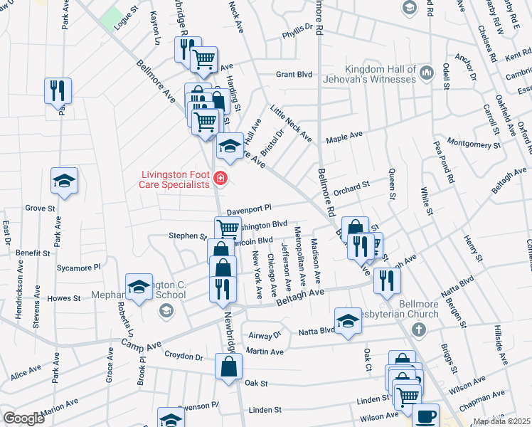 map of restaurants, bars, coffee shops, grocery stores, and more near 35 Davenport Place in Bellmore