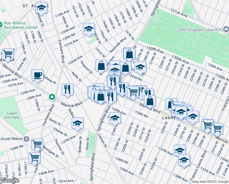 map of restaurants, bars, coffee shops, grocery stores, and more near 135-27 Springfield Boulevard in Queens