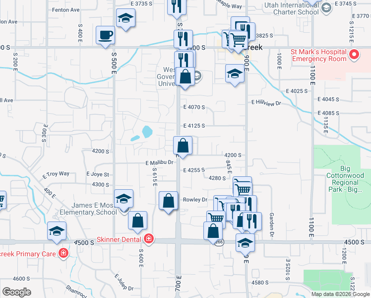map of restaurants, bars, coffee shops, grocery stores, and more near 4212 Utah 71 in Millcreek