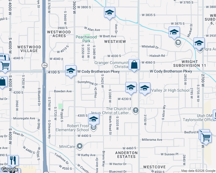 map of restaurants, bars, coffee shops, grocery stores, and more near 4192 Mark Read Street in West Valley City