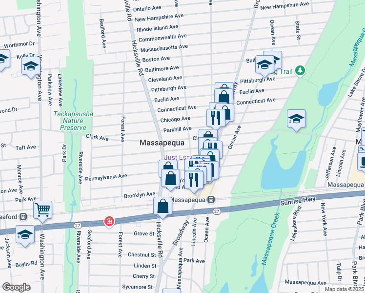 map of restaurants, bars, coffee shops, grocery stores, and more near 78 Michigan Avenue in Massapequa