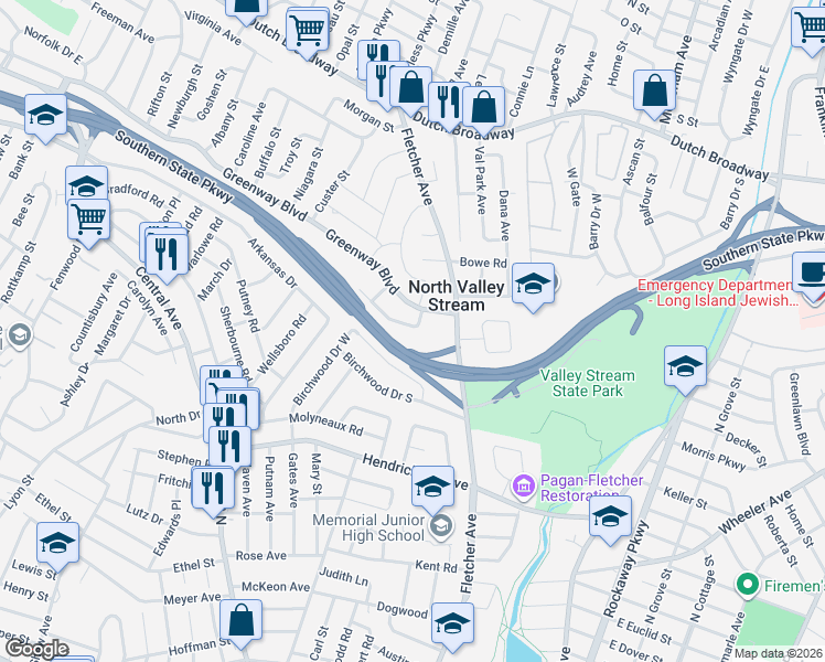 map of restaurants, bars, coffee shops, grocery stores, and more near 1599 Southern Drive in Valley Stream