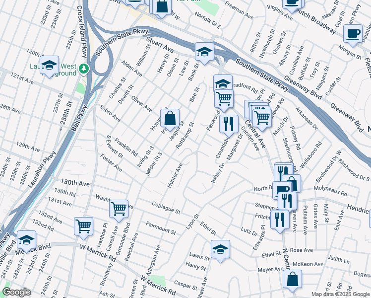map of restaurants, bars, coffee shops, grocery stores, and more near 1049 Hunter Avenue in Valley Stream
