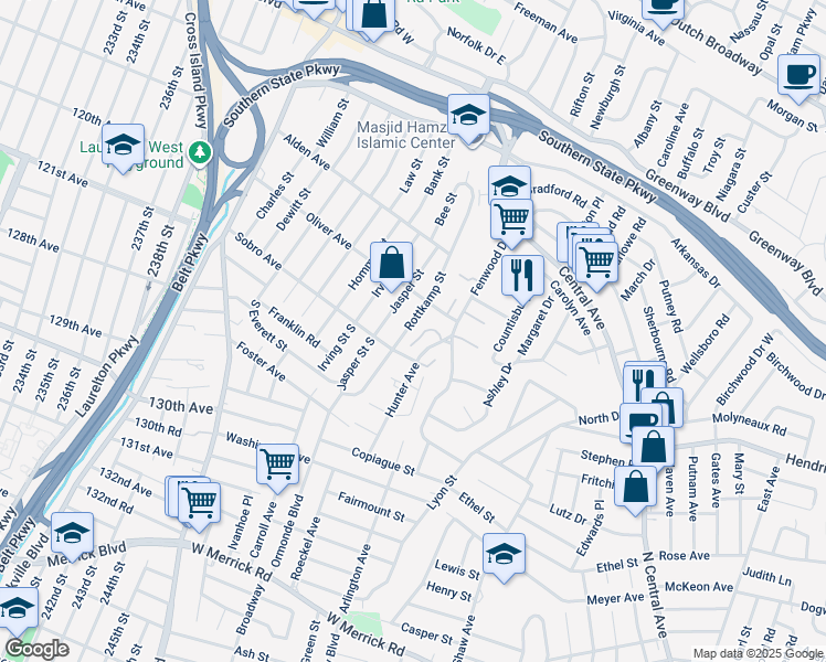 map of restaurants, bars, coffee shops, grocery stores, and more near 1079 Rottkamp Street in Valley Stream