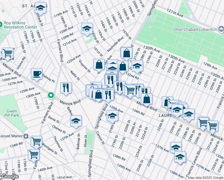 map of restaurants, bars, coffee shops, grocery stores, and more near 133-38 Springfield Boulevard in Queens