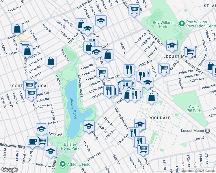 map of restaurants, bars, coffee shops, grocery stores, and more near 120-3 Guy R Brewer Boulevard in Queens