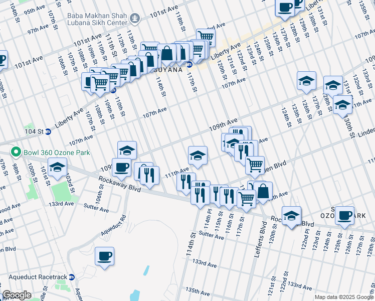 map of restaurants, bars, coffee shops, grocery stores, and more near 109-43 114th Street in Queens