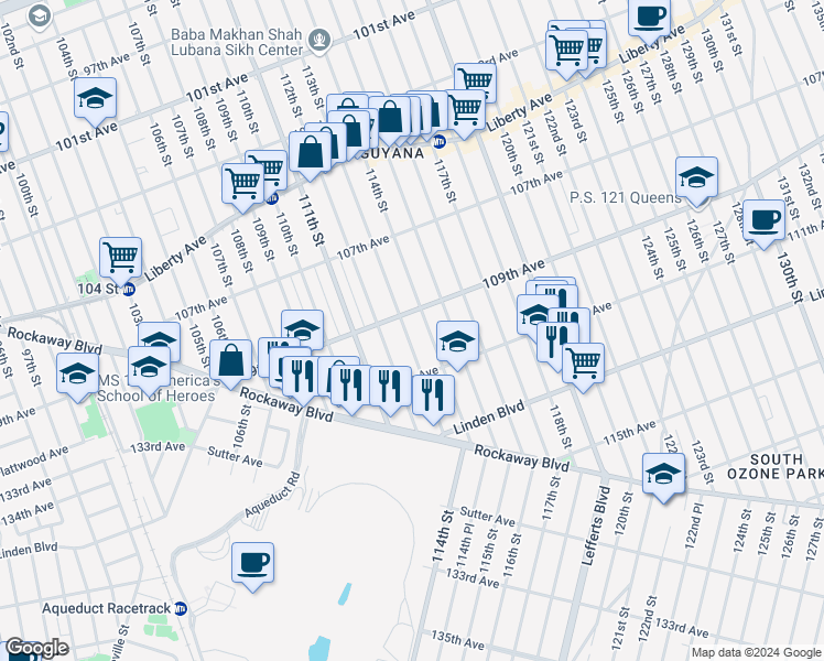 map of restaurants, bars, coffee shops, grocery stores, and more near 109-28 113th Street in Queens