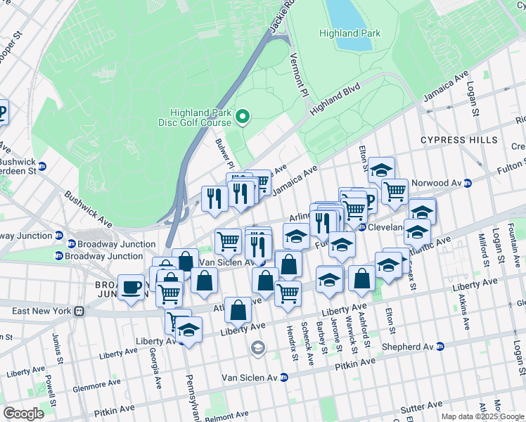 map of restaurants, bars, coffee shops, grocery stores, and more near 85 Arlington Avenue in Brooklyn
