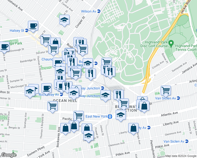 map of restaurants, bars, coffee shops, grocery stores, and more near 2018 Eastern Parkway in Brooklyn