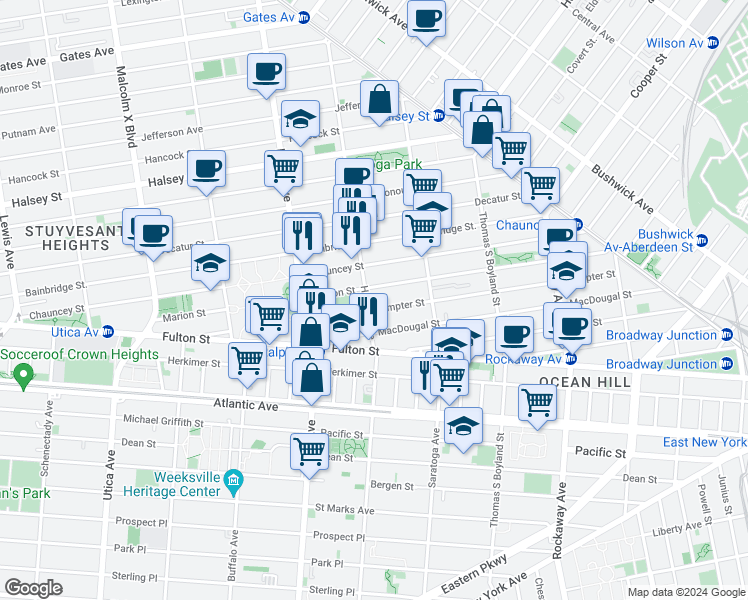 map of restaurants, bars, coffee shops, grocery stores, and more near 160 Sumpter Street in Brooklyn