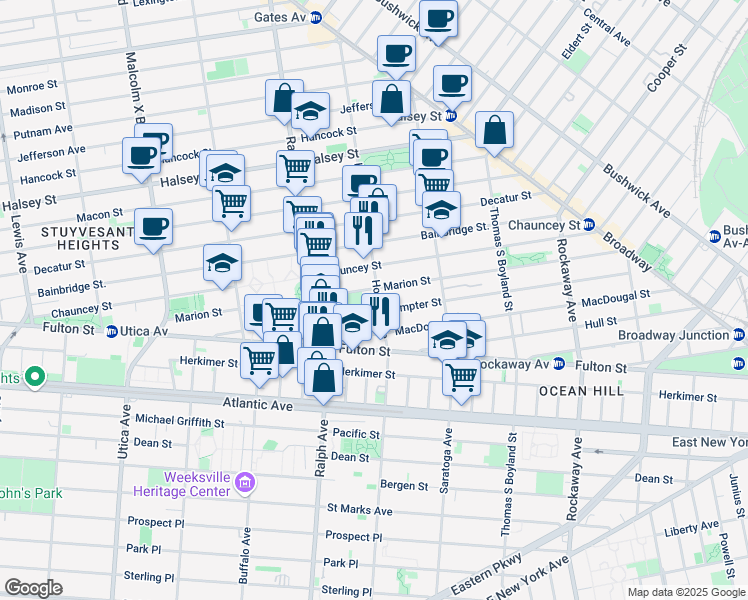 map of restaurants, bars, coffee shops, grocery stores, and more near 128 Sumpter Street in Brooklyn