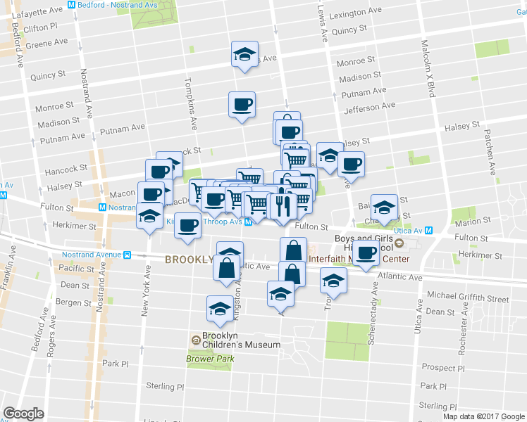 map of restaurants, bars, coffee shops, grocery stores, and more near 1545 Fulton Street in Brooklyn