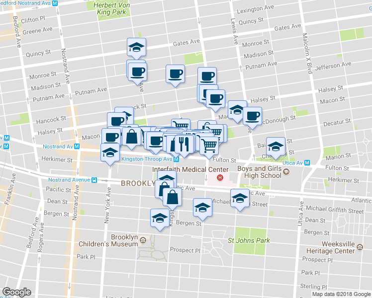 map of restaurants, bars, coffee shops, grocery stores, and more near 1496 Fulton Street in Brooklyn