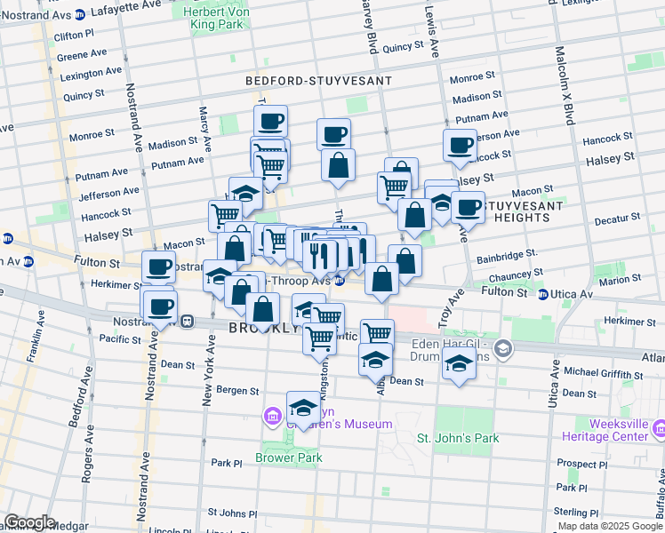 map of restaurants, bars, coffee shops, grocery stores, and more near 1496 Fulton Street in Brooklyn